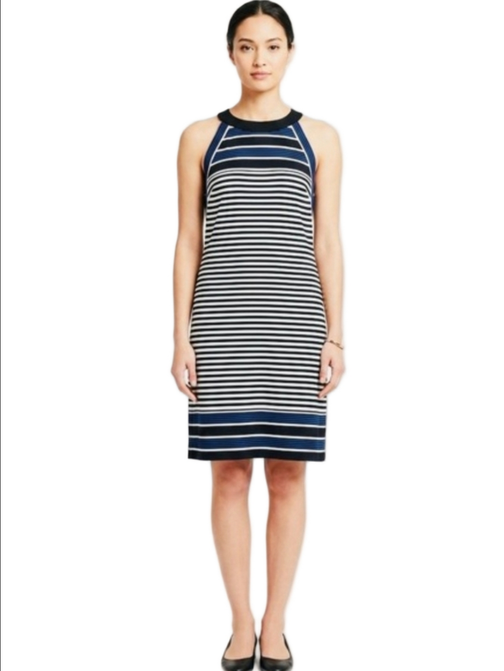 J Jill Wearever Black Blue & White Striped Knit Dress Halter Neck, Tank, Shift M